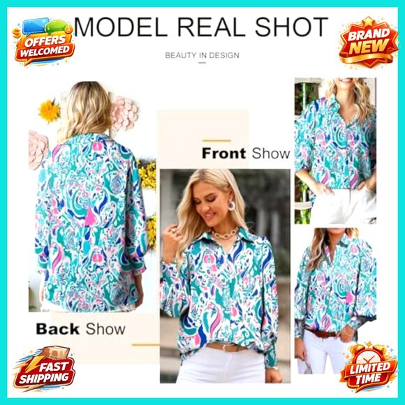 Loose V-Neck Blouse Lantern Sleeve Boho Chic Oversized Top Paisley Print - Picture 5 of 7